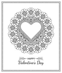 Hand drawn valentines day greeting card or banner with mehndi flower. decoration in ethnic oriental, doodle ornament. outline hand draw illustration.  