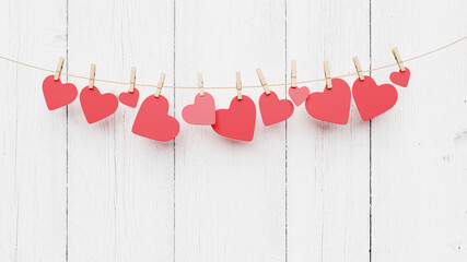 Red hearts on rope with clothespins, on a white wooden background. 3D illustration concept of love and Valentine day. Place for text, copy space. Symbol of love on sweet blue background, greeting card