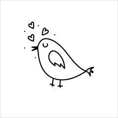 Bird with hearts. Hand drawn doodle symbol of Sain Valentine s Day. Black stroke. Vector illustration isolated on white background