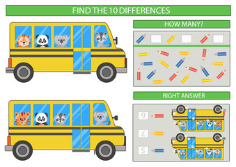 Kids game with school buss. Worksheet with children riddle. Educational page. Vector illustration with animals in the school buss.