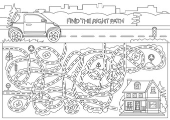 Children maze. Find the right path from cartoon car to house. Coloring page for book. Funny riddle entertainment and kids activity game. Kids board game with road labyrinth. Vector illustration. 
