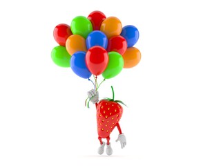 Strawberry character flying with balloons