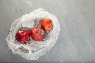 Rotten spoiled pomegranate with mold in disposable plastic bag. Top view. Improper food storage. Concept - reduction of organic waste