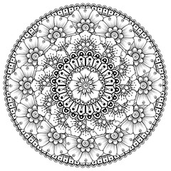 Circular pattern in the form of mandala with flower for henna, mehndi, tattoo, decoration. decorative ornament in ethnic oriental style. coloring book page.