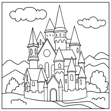 Coloring page for book. Fairytale castle. Kids activity worksheet. Drawing fairytale landscape. Children art game. Vector illustration.
