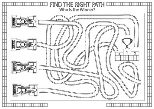 Children maze with racing cars. Kids coloring. Labyrinth game and activity page. Find the right path. Funny riddle. Education developing worksheet. Vector illustration.