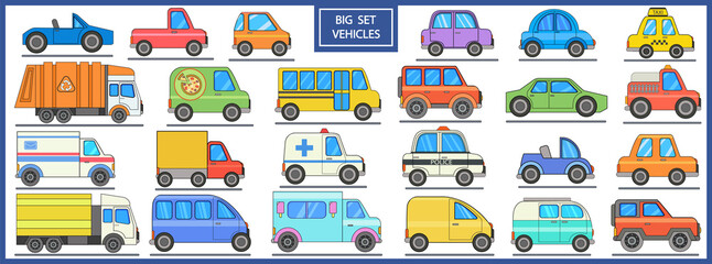 Flat icons set cars and vehicles. Collection various different transport. Design cartoon car. Isolated on white background. Vector illustration transportation.