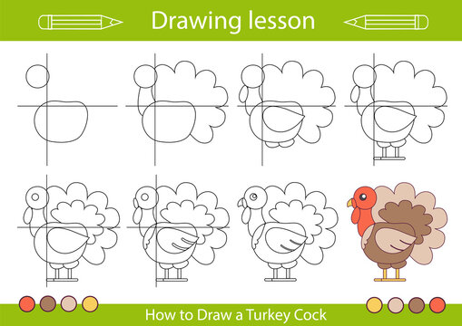 Drawing tutorial a turkey cock. Step by step repeats the picture. Drawing lesson for children. Actives worksheets with cartoon animals. Kids funny activity art page. Vector illustration.