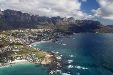 Aerial view of the Twelve Apostles, part of the Table Mountain, and Camps Bay, a suburb of Cape Town.