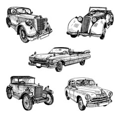 Set of the hand drawn vintage retro old timer cars doodle sketch graphics monochrome vector tracing illustration on white background - 403398655