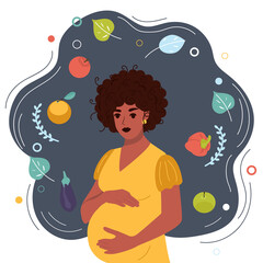 Pregnant African woman on a background of fruits and vegetables. Healthy food concept for expectant mothers. Vector illustration
