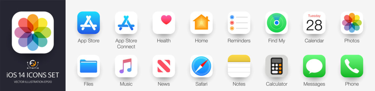 MOSCOW, RUSSIA - JANUARY 06, 2021: Set icons ios 13, ios 14 Apple inc: App Store, Apple News, Apple Music, Messenger ... Vector illustration EPS10