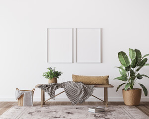 mock up poster frame in boho  interior background, wooden living room design, Scandinavian style, 3d render © lilasgh