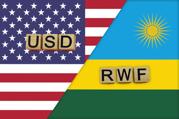 USA and Rwanda currencies codes on national flags background