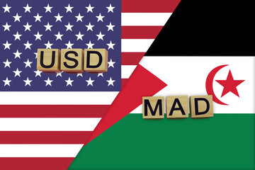 Fototapeta na wymiar USA and Western Sahara currencies codes on national flags background