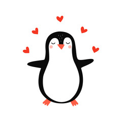 Cute penguin. Penguin in love. Vector hand drawn illustration for romantic prints, valentine day cards. Good for posters, t shirts, postcards.