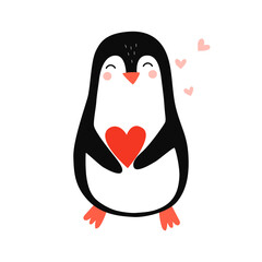 Cute penguin. Penguin in love. Vector hand drawn illustration for romantic prints, valentine day cards. Good for posters, t shirts, postcards.