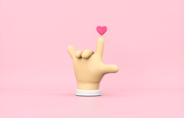 Abstract 3d Cartoon hand point to mini heart icon. Valentine's day concept.