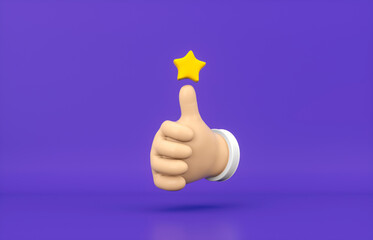 Abstract 3d Cartoon thumb up hand with rating star icon.