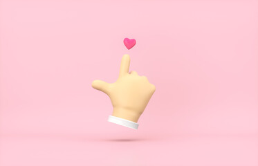 Abstract 3d Cartoon hand point to mini heart icon. Valentine's day concept.
