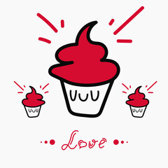 Cute hand drawn cupcakes and muffins vector design for celebrating Valentines day, love, for postcard with hand lettering. Isolarted red cupcake on white background