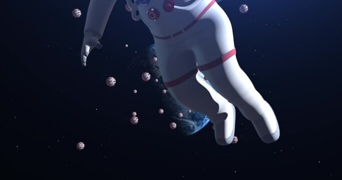 Coronavirus Infected Planet Earth. Astronaut Flying With Viruses. Planet Earth Infected By Virus. Astronaut In Space Trying To Escape. Virus Related 3D Animation. 