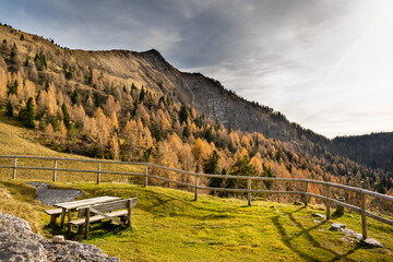Naklejka premium Panorama with cloudy sky, mountains and tree-lined slopes. In the foreground table and wooden bench. Cesiomaggiore, Belluno, Italy