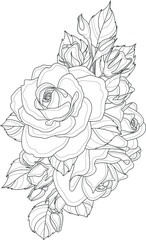 Realistic rose flower bouquet sketch template. Vector illustration in black and white for games, background, pattern, decor. Coloring paper, page, story book. Print for fabrics and other surfaces.