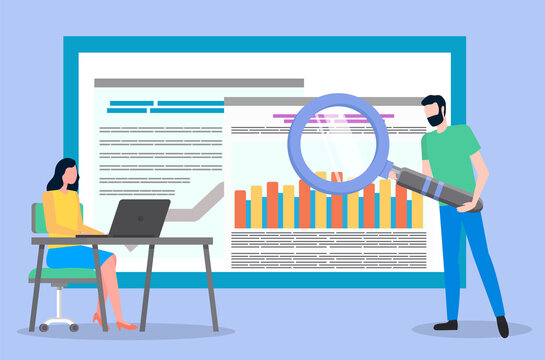 Young woman sits at desk and works at laptop. Bearded man with cartoon giant magnifying glass. Large page with analytic data, colorful chart bar, consumer research. Attract customers. Flat image