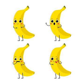Vector Illustration Flat Banana Cute Character expression emotion collection set isolated on white background , minimal style , Raw materials fresh fruit , Mascot product