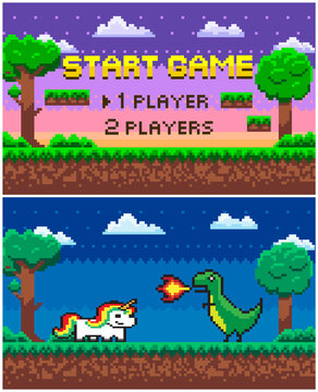 Start game question vector, arcade scene with nature and pixelated icons. Dragon with fire and unicorn with colorful hair, fight of creatures 8 bit