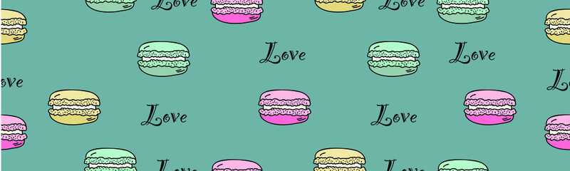 Seamless pattern banner with macaroon cakes and the inscription love on a colored background. seamless print for valentine's day