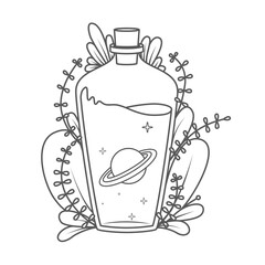 A magical bottle with plants around and a planet and stars inside - coloring book page. Vector illustration
