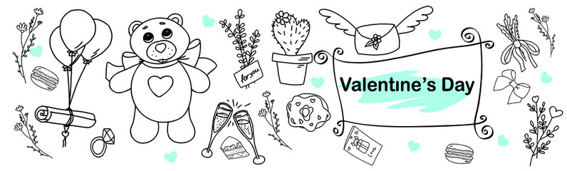 Greeting banner for Valentine's Day. A set of festive elements. Background for Valentine's Day. Doodle.