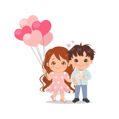 Cute girl and boy going on a date. Heart shaped balloons and love letter. Valentine's day greeting card flat style.