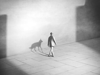 surreal illustration of homeless man and his dog walking, surreal abstract concept 