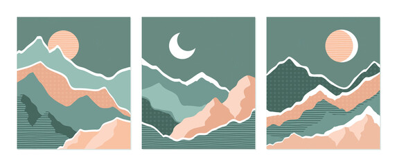 Mountain tops abstract background set, nature landscape full moon vector illustration