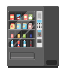 Realistic black vending machine with steel body and electronic control panel isolated on white background. Equipment for buying snacks and drinks. Apparatus with food inside vector illustration