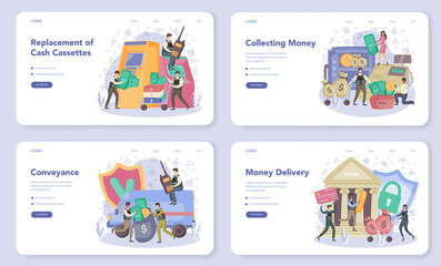 Armored cash truck security web banner or landing page set. Money collecting