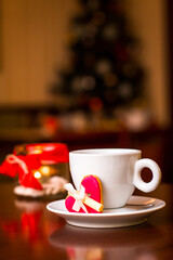 Valentine's Day with tea and sweet cake heart and lantern