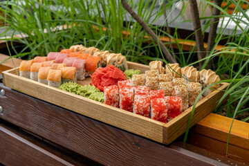 Big plate of sushi at nature