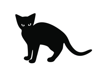 Black silhouette of a cat isolated on white background. The symbol of Halloween. Can be used as a sticker template, logo element, icon for web design. Flat style. Vector illustration.