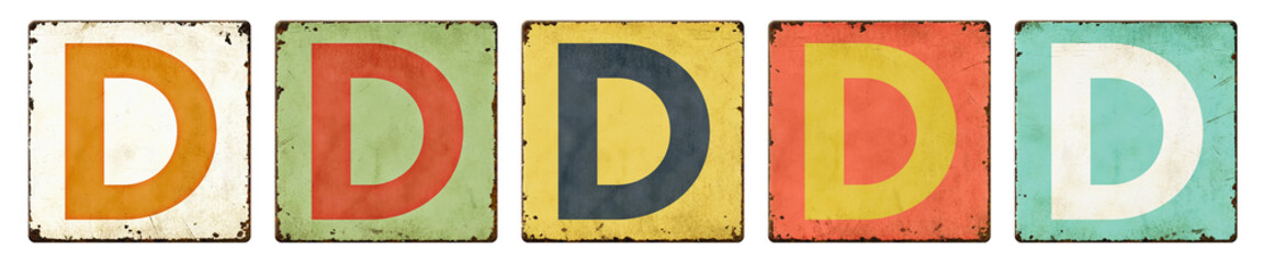 Five vintage tin signs on a white background - Letter D