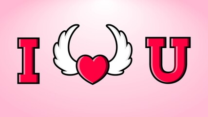 Happy Valentine's Day Greeting with I love You Message for Card. Cute Pink Heart with Wings Vector Icon