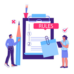 Business rules and  main company policy concept with cartoon people standing next to huge clipboard with rules. Business regulation and corporate guidelines, cartoon vector illustration isolated.