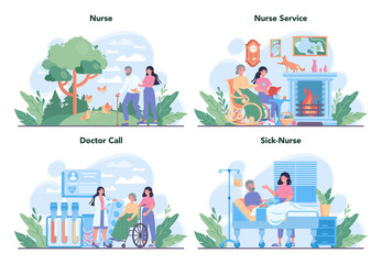 Nurse service concept set. Medical occupation, hospital and clinic