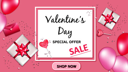 Happy Valentine's Day sale banner with gift wraps, confetti, lollipops and balloons
