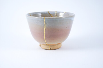 Antique Japanese Kintsugi, Beige and pink sake bowl , kintsugi the beauty of imperfection. Japanese...