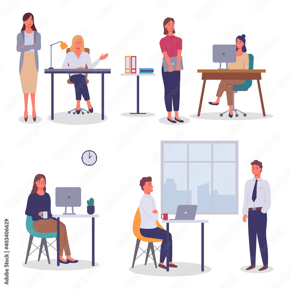 Poster set of illustrations. office workers sitting at tables with computers or laptop. colleagues communic