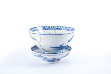 Japanese antique blue and white kintsugi bowl, real gold wabi sabi Kintsukuroi, Japanese artisan...